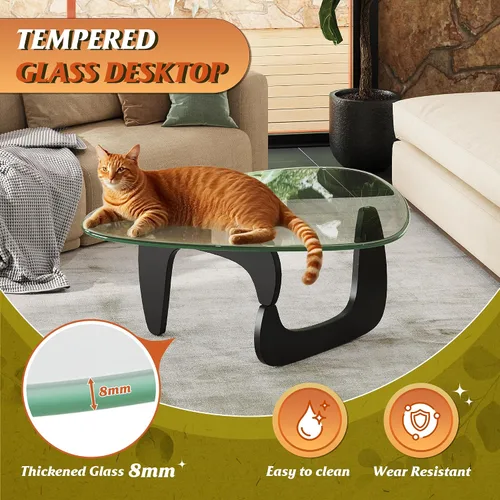 Miniatura 4 de WLIVE Mesa de café, mesa de café pequeña de vidrio con patas de madera maciza, mesas de sala de estar triangulares de 36" de mediados de siglo, mesa