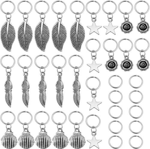 Lurrose 35 piezas Vintage plata trenza tocado Unisex rastas anillo redondo trenza pelo joyería hojas estrella colgantes pinzas pelo decoración
