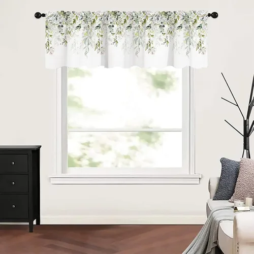 Miniatura 6 de Cortinas Cenefa Verde Salvia Floral Cocina con Bolsillo para Barra Paneles Cortos Acuarela Hojas de Eucalipto Retro Tratamiento de Ventana Cortinas