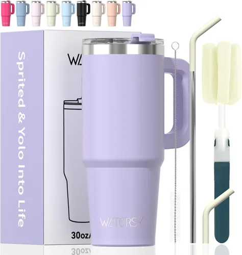 Vaso de 20 oz con asa, vaso con tapa y pajita, vaso de doble pared con aislamiento de acero inoxidable para viajes (frío durante 34 horas), botella