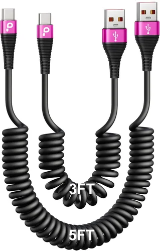 Miniatura 8 de Cable USB C de carga rápida, paquete de 2 cables de carga USB A a USB C en espiral de 3 pies para automóvil, cable de carga USB-C compatible