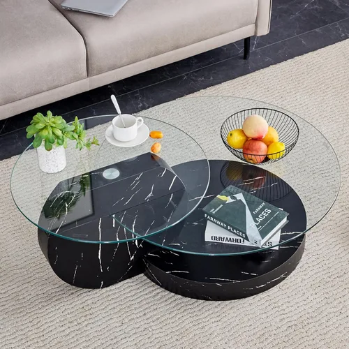 Miniatura 16 de Mesa de centro de vidrio de 35.4 pulgadas, mesa de centro redonda pequeña, mesa de vidrio templado de 2 niveles con base de madera, mesa central