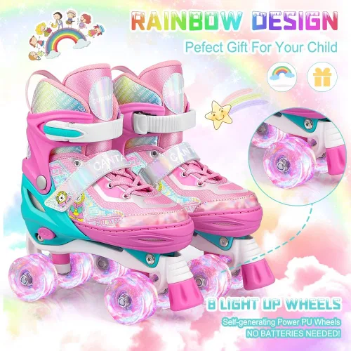 Miniatura 5 de Patines para niños y niñas, 4 tamaños, ajustables, con ruedas iluminadas para niños, adolescentes, principiantes y avanzados, interiores