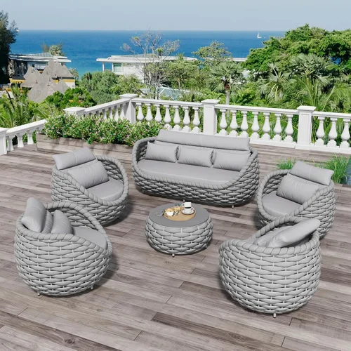 Miniatura 38 de Juego de muebles de patio de 4 piezas ensamblado, conjunto de sofá de conversación para exteriores de cuerda tejida a mano - Sofá de aluminio Cuerda