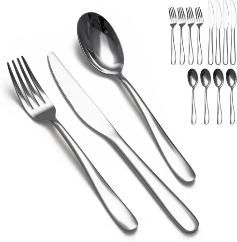 SANTUO Juego de cubiertos de acero inoxidable de 12 piezas para cena, incluye 4 cuchillos de cena, 4 tenedores de cena, 4 cucharas de cena, juego de