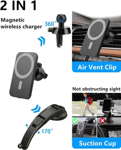 Miniatura 2 de Cargador de coche inalámbrico magnético de 15 W para iPhone 16/15/14/13/12 Pro Max/Mag-Safe, soporte de carga rápida Qi, soporte de teléfono