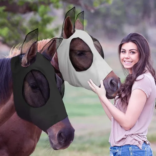 Miniatura 11 de Weewooday - 2 máscaras faciales de caballo con orejas, suaves y elásticas para moscas, cubierta de malla transpirable para los ojos, máscaras