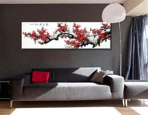 Miniatura 5 de JiazuGo Decoración asiática, pintura china, arte de pared oriental rojo ciruelo flor lienzo cuadros para dormitorio, decoración estética de pared