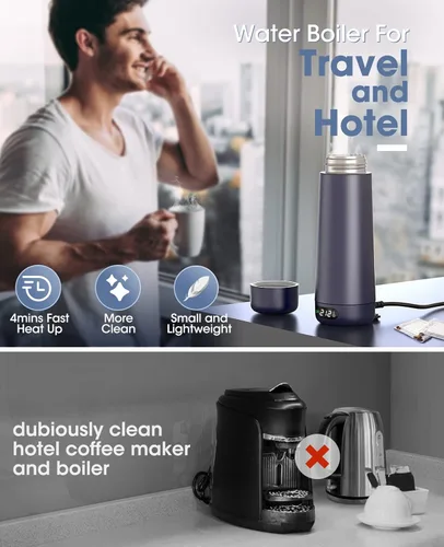 Miniatura 2 de Hervidor de Viaje, Hervidor Eléctrico Portátil de Voltaje Dual 110V-220V-240V Hervidor de Agua Pequeño Inteligente para Té y Café, Acero Inoxidable