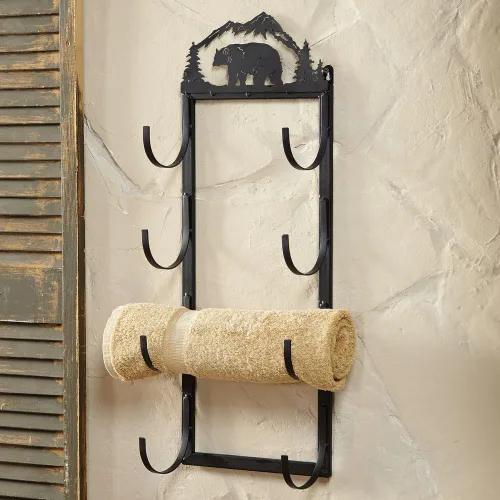 BLACK FOREST DECOR - Toallero de pared o puerta con oso de metal y escena de montaña - 10 pulgadas de ancho x 5 pulgadas de profundidad x 27