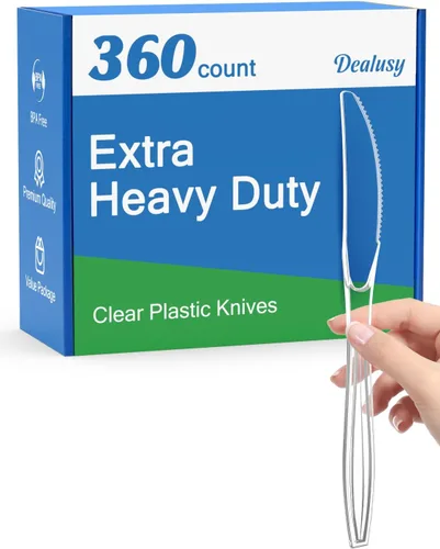 Dealusy 360 Unidades Cuchillos de Plástico Transparente Extra Resistentes Desechables, Sin BPA, Resistentes al Calor, Cuchillos Desechables Sólidos