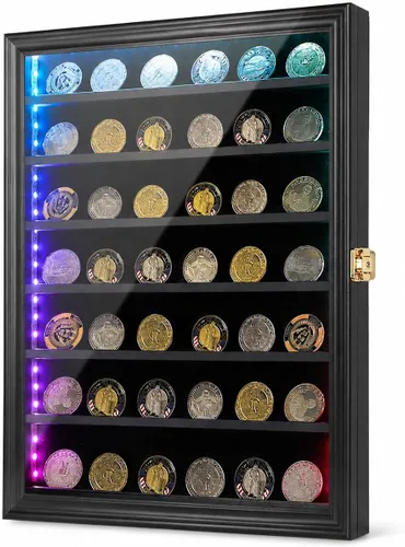 Miniatura 12 de Jinchuan Expositor de Monedas Militares con Cerradura, Gabinete de Exhibición, Caja de Sombra con Estantes Desmontables de 2 Ranuras y Vidrio