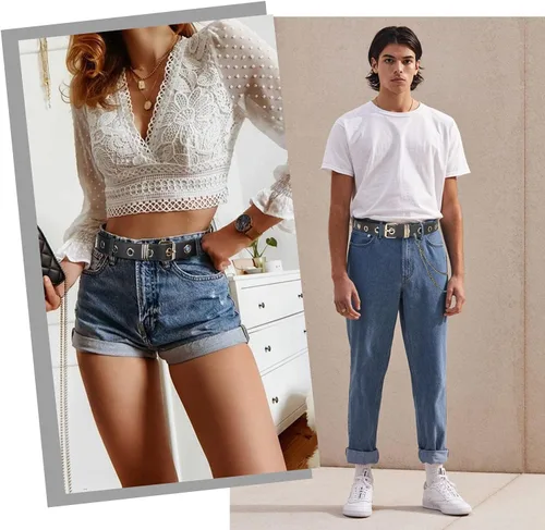 Miniatura 2 de FIORETTO Cinturón de cuero con ojales y cadena desmontable para mujeres y hombres, cinturones de cintura punk rock para pantalones vaqueros
