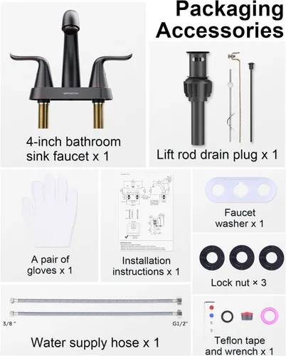 Miniatura 8 de WOWOW Grifo de Baño de 4 Pulgadas Centerset Bronce Frotado con Aceite Grifo de Lavabo de Baño Varilla de Elevación Ensamblaje de Drenaje Grifos