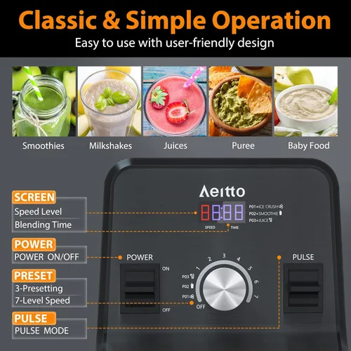 Miniatura 4 de Aeitto Licuadora para cocina, licuadora profesional de gran capacidad de 68 onzas, licuadora de batidos de 1500 vatios para triturar hielo, bebidas