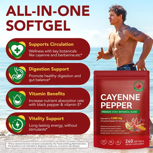 Miniatura 8 de Suplementos de pimienta de cayena - Cápsulas de pimienta de cayena con vitamina E, D3, K2, semilla de uva, espino, remolacha y extractos