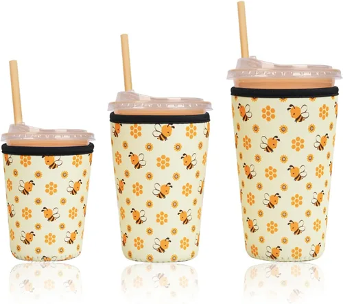 Miniatura 53 de Funda aislante reutilizable para taza de café helado, paquete de 3 fundas de neopreno para bebidas frías y calientes, soporte para bebidas para café