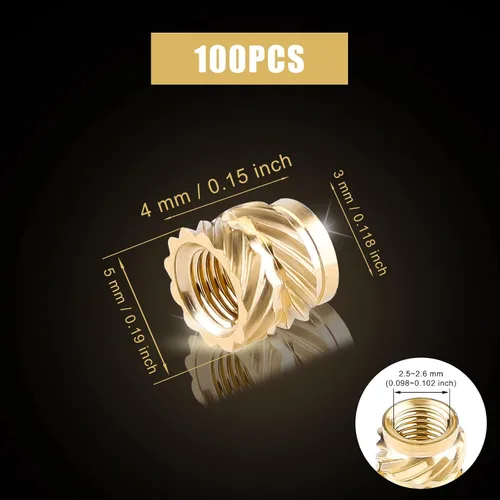 Miniatura 2 de 100 piezas de tuercas de latón para impresión 3D, M3x4x5mm M3 Inserto roscado Tuercas moleteadas de latón Tuerca hembra moleteada con rosca