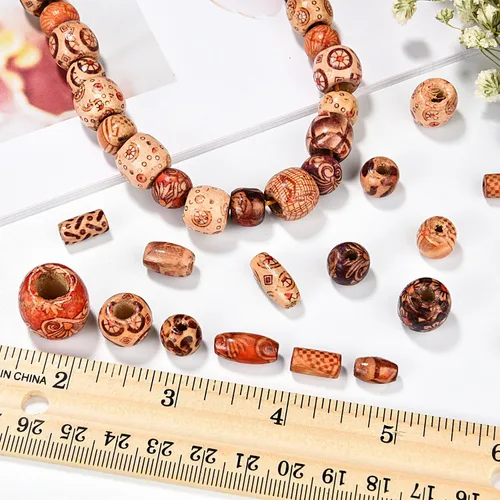 Miniatura 5 de Bememo - 400 piezas de cuentas de madera impresas de varias formas, cuentas de madera sueltas para hacer joyas, pulseras, collares, manualidades