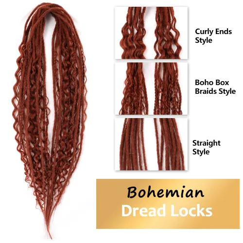 Miniatura 5 de Boho Dreads - Extensiones de rastas sintéticas de doble extremo con trenzas de caja, de 24 pulgadas, 10 hebras delgadas, suaves, color rojo y marrón