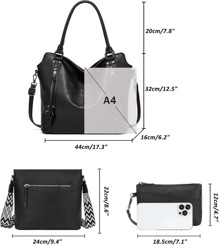 Miniatura 6 de TANTOMI Bolsos de mano para mujer, bolso cruzado grande de cuero, bolso de hombro con cartera correas ajustables Negro