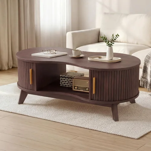 Miniatura 7 de Mesa auxiliar, mesa auxiliar ovalada doble con armario de almacenamiento y puerta corrediza de tambor, estante de almacenamiento abierto de 2 Natural