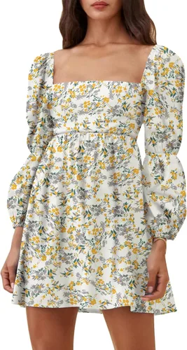 EXLURA - Vestido de cuello cuadrado para mujer con manga larga abombada acampanado casual corto