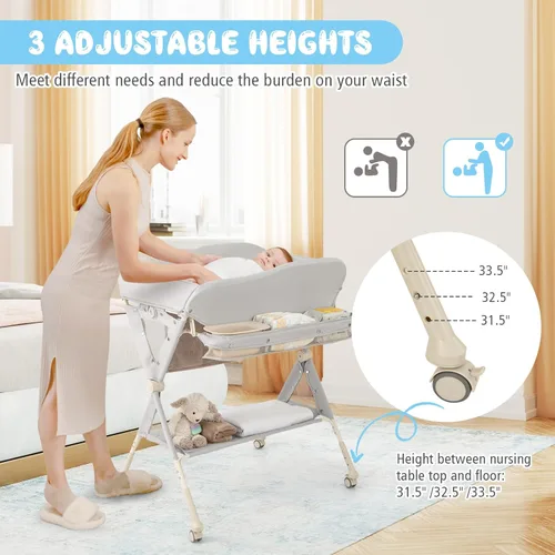 Miniatura 7 de BABY JOY Cambiador portátil para bebé, estación de cambio de pañales plegable con ruedas, altura ajustable, estante de almacenamiento grande, lavabo