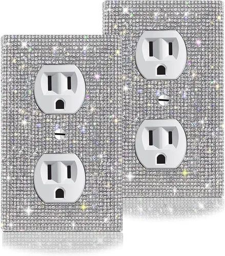 2 cubiertas de salida de diamantes de imitación plateados brillantes, placas de pared, cubierta de interruptor de luz, cubierta de salida de