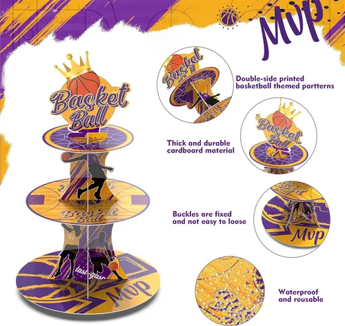 Miniatura 4 de Soporte para cupcakes de baloncesto MVP de 3 niveles con temática de baloncesto, decoración de fiesta de cumpleaños, torre de cupcakes