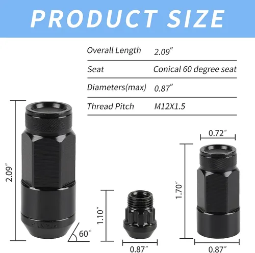 Miniatura 2 de 20 piezas de tuercas de llanta de extremo cerrado M12X1.5 para llantas de rueda + casquillo (negro)