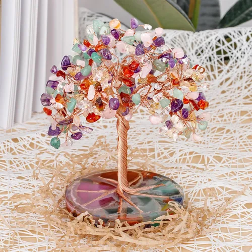 Miniatura 6 de ZenBless Árbol de Piedras de Cristales Curativos de 7 Chakras, Hoja de Piedra de Cristal Colorida Envuelta con Alambre sobre Base de Rodaja de Ágata