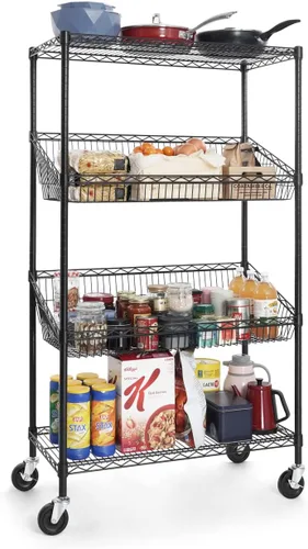 Miniatura 2 de CAPHAUS NSF - Estantería comercial de alambre de 4 niveles con dos cestas trapezoidales, ruedas, patas niveladoras, estante de almacenamiento negro