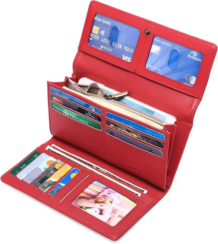 Miniatura 2 de GOIACII Cartera de mujer con bloqueo RFID triple pliegue cartera de mano larga para mujer cartera de cuero vegano con bolsillo para monedas A02-rojo
