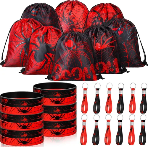 Lothee 32 piezas de telaraña, decoración de fiesta de cumpleaños de telaraña, bolsa con cordón, bolsas de golosinas con pulseras de goma, llavero