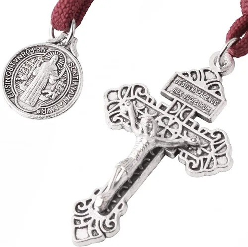 Miniatura 11 de Rosario de bolsillo estilo abierto una década de acero inoxidable rosario católico con crucifijo medalla de San Benito con bolsa de regalo