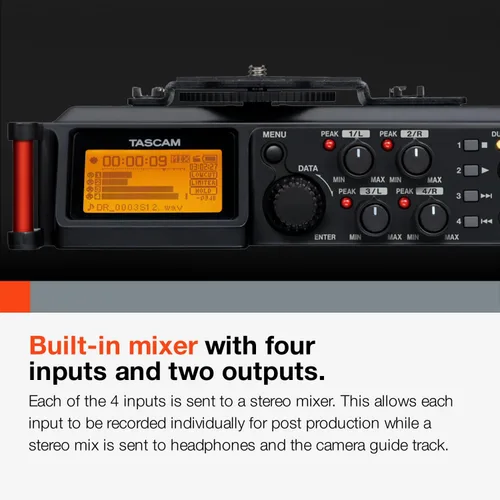 Miniatura 6 de TASCAM Grabadora de audio portátil de 4 canales para videógrafos, 4 entradas XLR/TRS combinadas, 2 micrófonos internos, limitador, filtro HP (DR-70D)