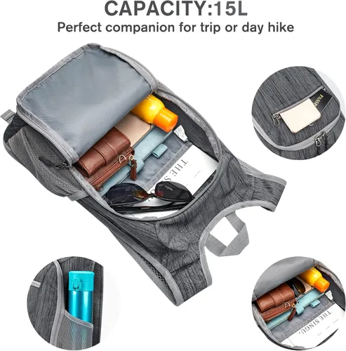 Miniatura 5 de G4Free 10L/15L Mochila para Senderismo Plegable Ligera, Mochila de Día para Caminatas, Pequeña, Viaje al Aire Libre, Bolsa de Hombro Plegable Negro