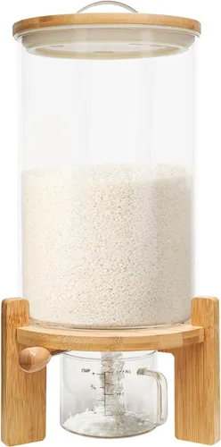 Miniatura 10 de Dispensador de arroz de vidrio, recipiente de harina y cereales con tapa hermética, soporte de madera y taza medidora, recipientes multifuncionales