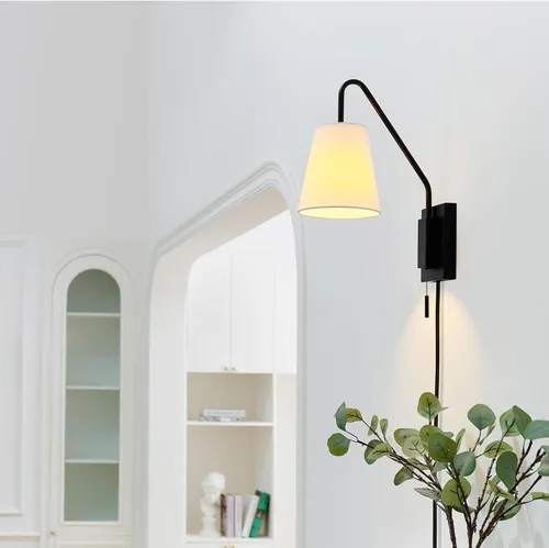 Miniatura 3 de Globe Electric 65000043 Lámpara de pared de 1 luz enchufable o cableada, negro mate, pantalla de tela blanca, brazo oscilante, cable de 1.8 metros