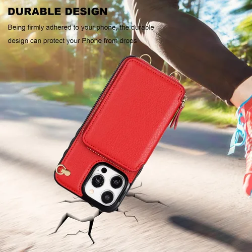 Miniatura 8 de Bocasal Funda tipo cartera cruzada para iPhone 15 Pro Max, funda de piel con bloqueo RFID y soporte para tarjetas, funda protectora con cremallera