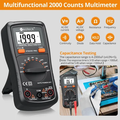 Miniatura 3 de Neoteck Multímetro digital de rango automático, medidor de voltaje Ohm de amplificador AC/DC con resistencia, continuidad, capacitancia y prueba
