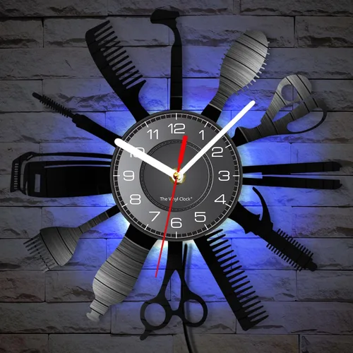 Miniatura 5 de Reloj de pared con herramientas de peluquería de 12 pulgadas con 7 colores cambiantes, reloj de pared para peluquería y negocios, reloj de pared