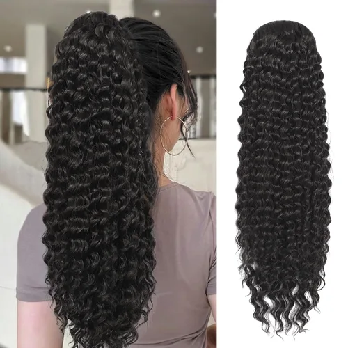 Miniatura 8 de Matriarchs Extensión de cola de caballo corta y rizada con cordón para mujer, pieza de cabello sintético largo afro rizado esponjoso para uso diario