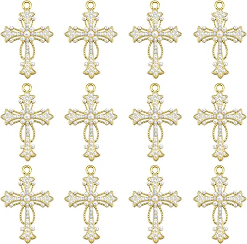 30 dijes de cruz de perlas de diamantes de imitación de aleación de circonita cúbica para bricolaje, collares, aretes, joyería de Pascua