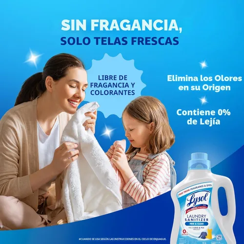 Miniatura 4 de Lysol Aditivo Sanitizante para Lavandería, Free & Clear, Libre de Fragancias y Colorantes, Sanitizante para Lavandería 0% Blanqueador, Eliminador