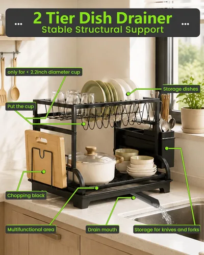 Miniatura 6 de Escurridor de platos plegable de 2 niveles con bandeja, organizador de cocina de gran capacidad en acero inoxidable con soporte para tazas