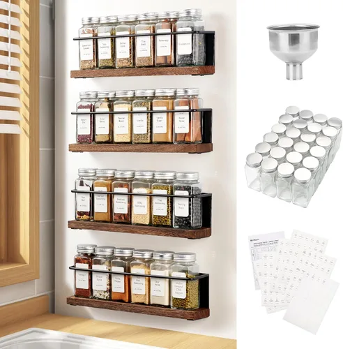Estante magnético para especias con 24 tarros, 216 etiquetas, 1 embudo de acero para refrigerador, horno de microondas, juego completo de