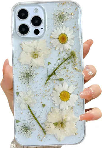 Miniatura 30 de LSEEKA Funda transparente para iPhone 13 Mini/iPhone 12 Mini con diseño de flores reales prensadas, con purpurina, bonito patrón floral blanco, Oro