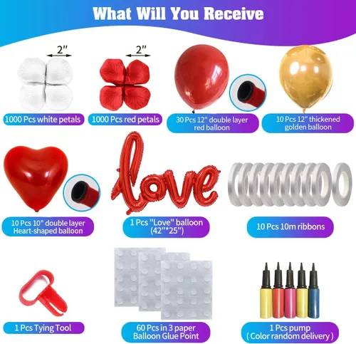 Miniatura 2 de Kit de 50 globos de amor y globos de corazón y 2000 pétalos de rosa de seda de 42 pulgadas, globos dorados con texto "I Love You", kit de decoración
